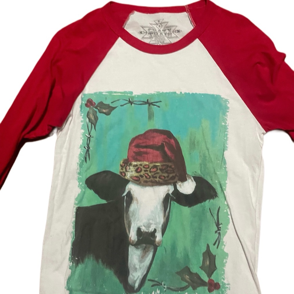Christmas Cowgirl Cow Santa 3/4 Sleeve Graphic Shirt